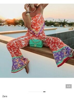 Zara Red Printed Wide-Leg Jumpsuit